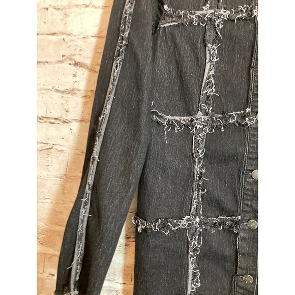 A.Z.I. NY Jacket Womens Small Denim Jean Black Patchwork Fringed Distressing - Picture 3 of 12